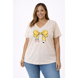 Women’s Plus Size Short Sleeve Pencil Bow Graphic Shirt – Apricot–Size 2XL–NWOT